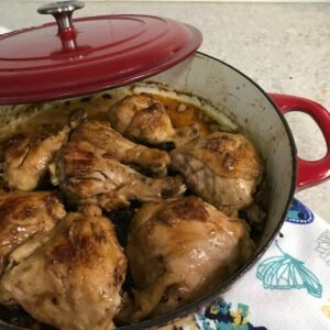 chicken thigh recipe on a dush over over a counter.