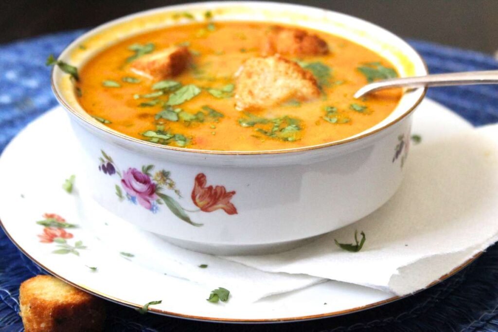 Creamy potato and carrot soup recipe.