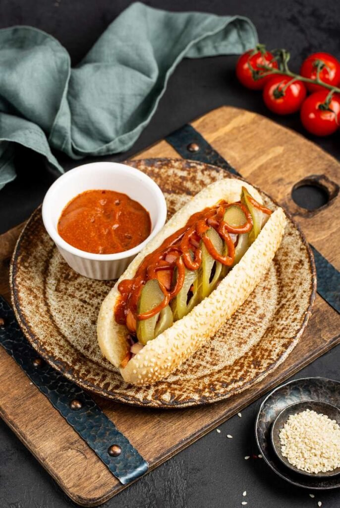 A beutifull hot dog cooked in the oven. With pickles and a side of tomatoe. How to cook bake hot dogs in the oven.