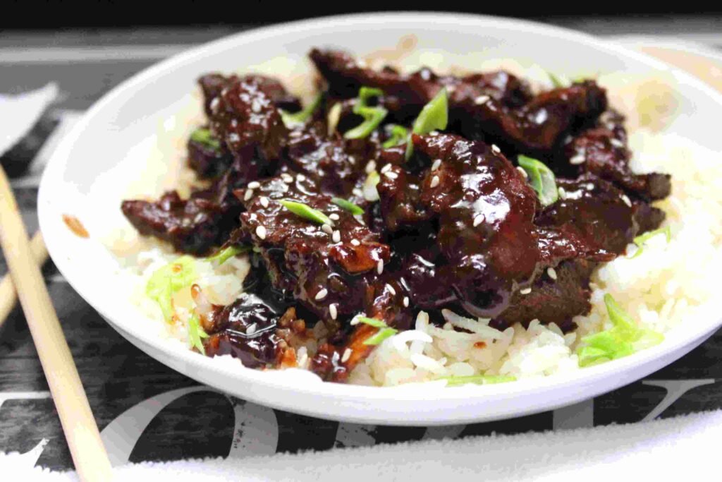 mongolian beef over white rice.