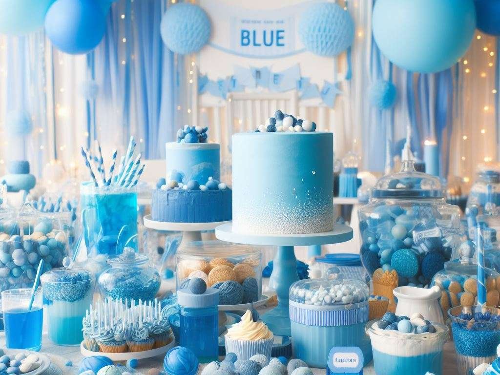 a blue themed party filled with blue food