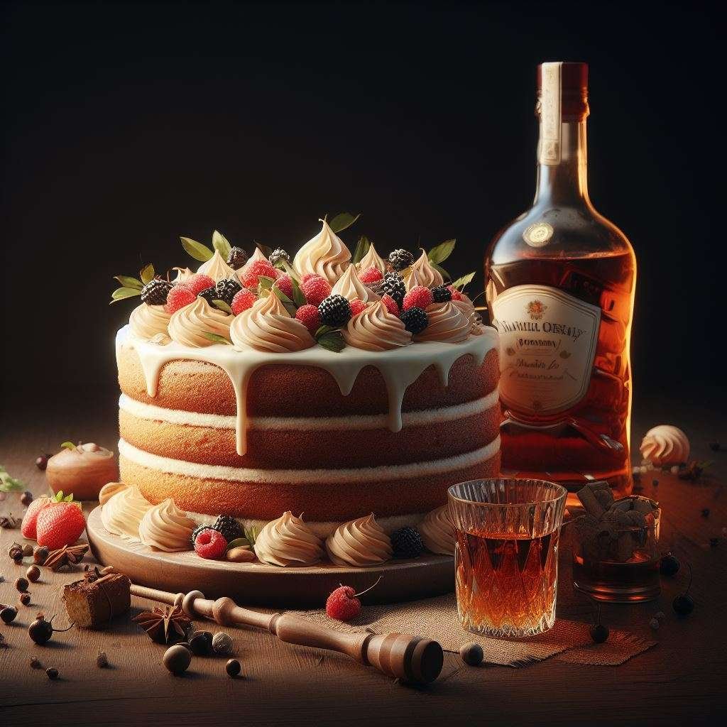 brandi substitute in cake recipe. A cake and a bottle of brandy