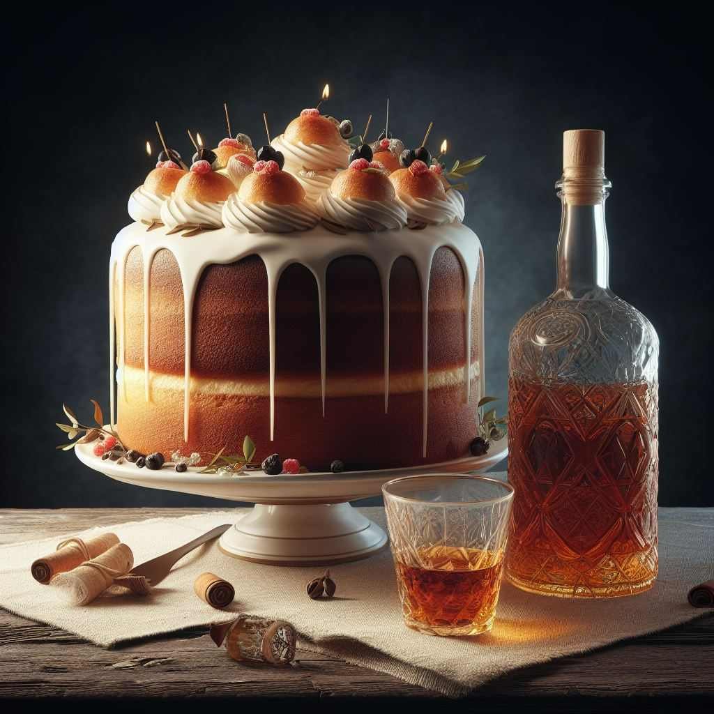 a bottle of port and a cake