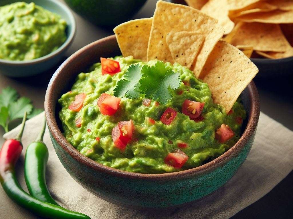 a bowl of guacamole made without jalapenos