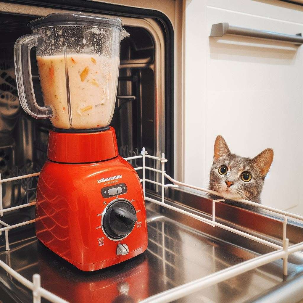 a blender in a dishwacher and a cat staring at it with curious eyes.